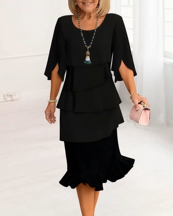 Elegant mellan ärm volang klänning
