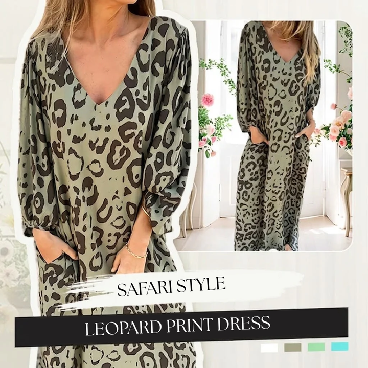 Snygg lång V-ringad leopard klänning