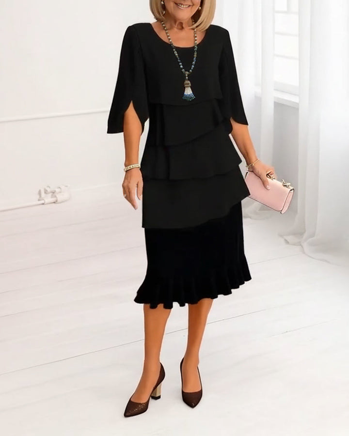 Elegant mellan ärm volang klänning