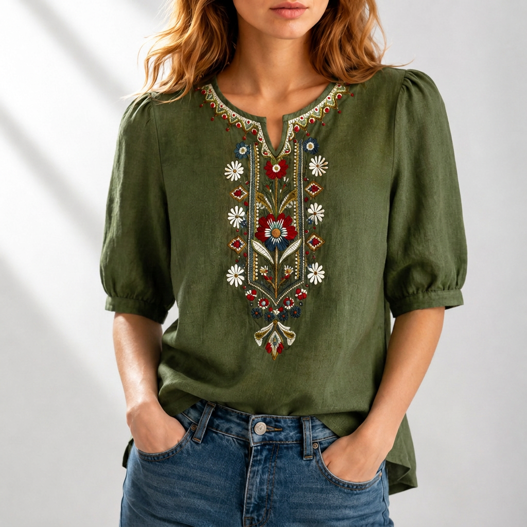 Blommig broderad blus